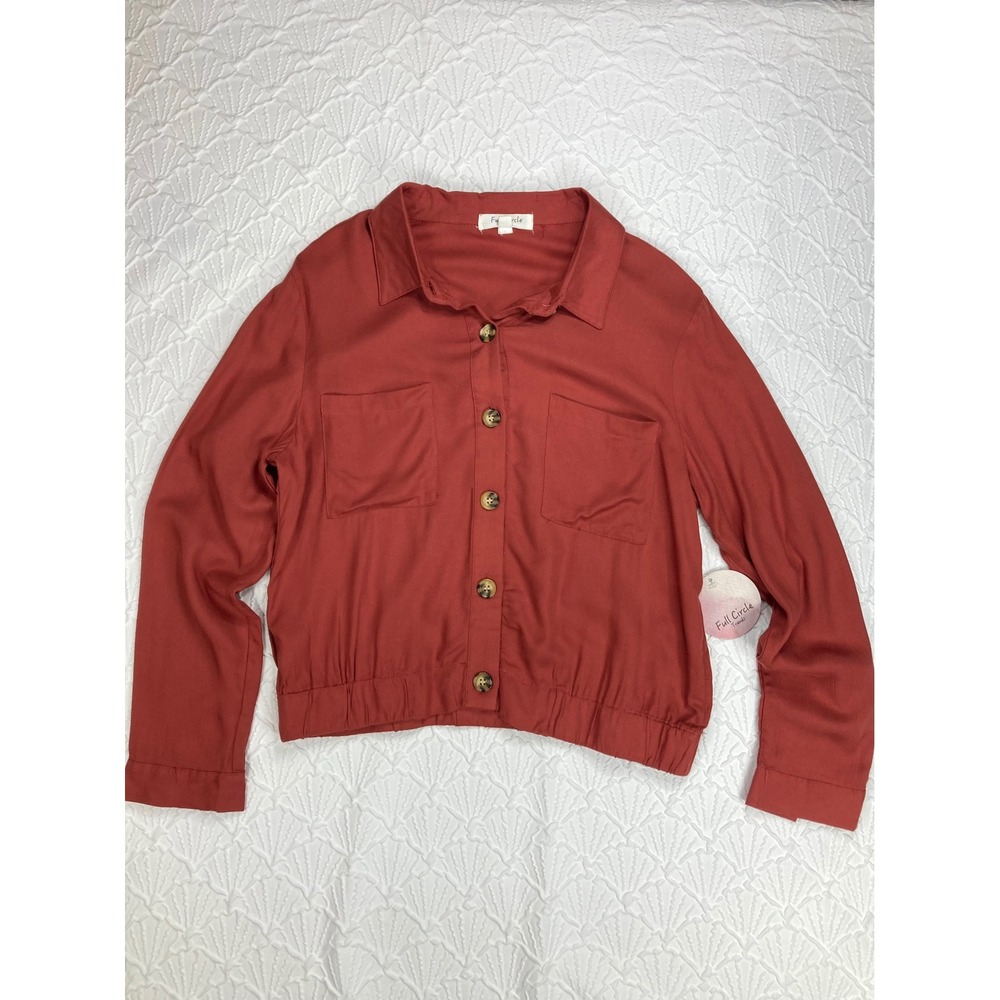 Full Circle Cropped Button Up Blouse Womens M Brown Elastic Hem Summer Chic NWT